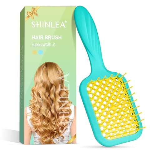 SHINLEA Vented Detangler Brush for Curly Thick Hair, Women Hairbrush with Soft Wave-Shaped Bristles, Curl Detangling Brush for Swimming Beach, Yellow and Blue - Image 1
