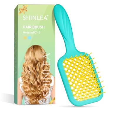 SHINLEA Vented Detangler Brush for Curly Thick Hair, Women Hairbrush with Soft Wave-Shaped Bristles, Curl Detangling Brush for Swimming Beach, Yellow and Blue - Image 1