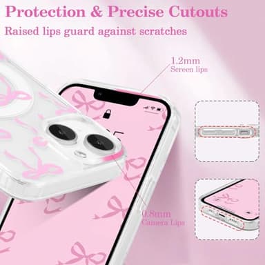 UEEBAI Magnetic for iPhone 14 & iPhone 13 Case, Bow Case Compatible with MagSafe, Wireless Slim Clear Ribbon Phone Cover Anti-Yellowing Shockproof Protective Cover for Women Girl - Pink - Image 4