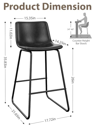 Aowos Bar Stools Set of 3, 26 Inches Counter Height Bar Stools with Back, Modern Faux Leather Barstools with Metal Legs and Footrest, Bar Chairs for Kitchens Island (Black) - Image 2