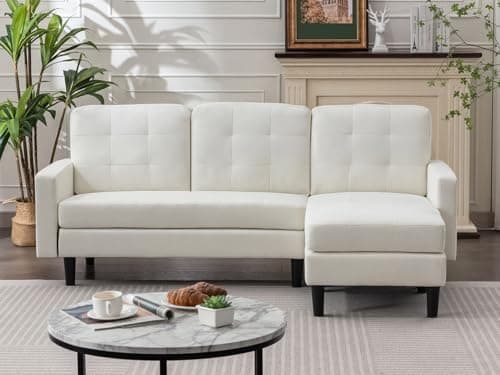 VECELO Convertible Sectional Sofa, Modern Linen Fabric L-Shaped Couch with Reversible Chaise for Living Room/Apartment/Office, White - Image 1