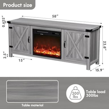 YESHOMY Fireplace TV Stand with Two Barn Doors and Storage Cabinets for Televisions up to 65+ Inch, Entertainment Center Console Table, Media Furniture for Living Room, 58 Inch, Gray Wash - Image 2
