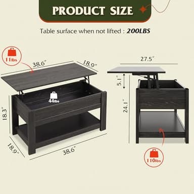 WLIVE Coffee Table, 39" Lift Top Coffee Table with Hidden Compartment and Storage Shelf for Living Room, Espresso - Image 3