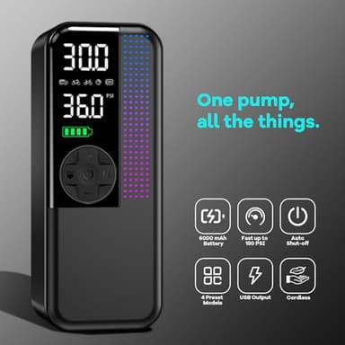 Tire Inflator Portable Air Compressor, 150 PSI Cordless Air Pump, Dual Power 6000mAh, 12V DC Car Plug, Fast Inflation 24L/Min, Auto Shut-Off, LED Light, 4 Preset Modes for Car, Bike, Motorcycle, Balls - Image 2