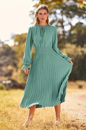 PRETTYGARDEN Women Long Flowy Dress Spring Fall Fashion Clothes Casual Pleated A Line Midi Dresses (Green,Medium) - Image 3