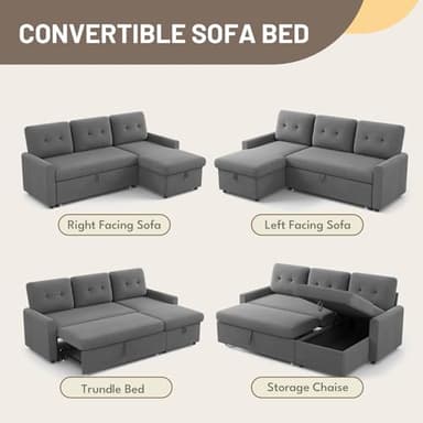 IULULU Sleeper Sofa, L Shaped Sectional Couch with Pullout Bed, Reversible Storage Chaise, 2 in 1 Pull Out Couches for Living Room, Apartment, Medium Grey - Image 4