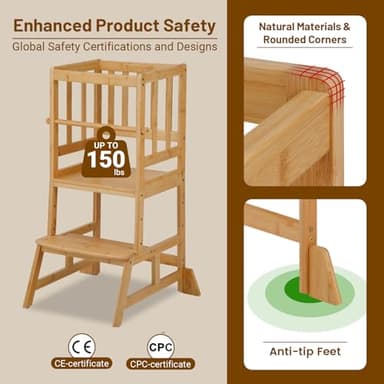 COSYLAND Toddler Standing Tower - Adjustable Height Toddler Kitchen Stool Helper - Kids Kitchen Step Stool for Learning with Removable Safety Railing Natural - Image 4
