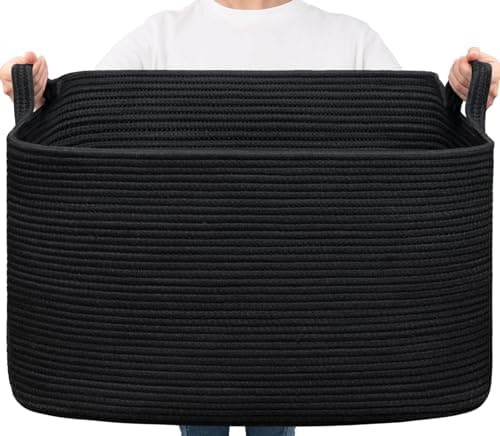 Goodpick Extra Large Storage Basket, 23.6" x 15.7" x 13.8" Rectangle Cotton Rope Basket for Blankets, Pillows, Toys, Woven Dirty Clothes Baskets for Laundry, Black - Image 1