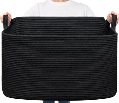 Goodpick Extra Large Storage Basket, 23.6" x 15.7" x 13.8" Rectangle Cotton Rope Basket for Blankets, Pillows, Toys, Woven Dirty Clothes Baskets for Laundry, Black - Image 1