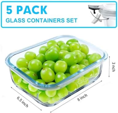 VERONES 5 Pack 36 OZ Glass Meal Prep Containers, Airtight Glass Lunch Containers Set, Glass Food Storage Containers with Lids,Exclusive of BPA, for Microwave, Oven, Freezer & Dishwasher Friendly,Grey - Image 2