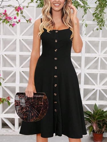 Berydress Women's Casual Beach Summer Dresses Solid Cotton Flattering A-Line Spaghetti Strap Button Down Midi Sundress (L, 6046-Black) - Image 3