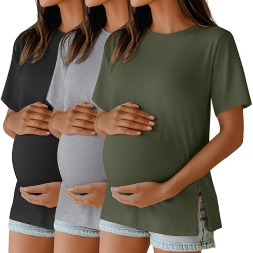 Ficerd 3 Pack Women's Maternity T Shirts, Short Sleeve Side Split Pregnancy Tops Casual Crew Neck Pregnant Tees Mama Clothes(Black, Light Gray, Army Green,X-Large) - Image 1