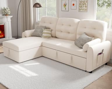 Ucloveria Sectional Sofa Couch, 87" Sleeper Sofa Bed with Reversible Storage Chaise Pull Out Couch for Living Room | Side Pocket | Charging Station | Removable Backrest | Linen Fabric, Beige - Image 3