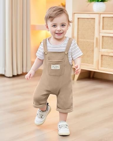 ZOEREA Toddler Baby Boys Clothes Summer Outfit Stripe T-Shirt and Shortall Romper Set Cute Jumpsuit (Khaki,6-12 Month) - Image 2