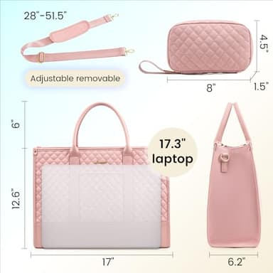 LOVEVOOK Laptop Bags for Women, 17 inch Waterproof Work Tote Bag with Clutch, Professional Teacher Computer Purse Lightweight Shoulder Bag Travel, Quilted Pink - Image 5