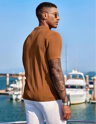 COOFANDY Men's Casual Beach Shirt Knitted Button Down Polo Shirt Short Sleeve Beach Vacation Shirts, Light Brown, XX-Large - Image 3