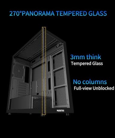MUSETEX ATX PC Case 7 PWM ARGB Fans Pre-Installed, Type-C Mid Tower Computer Case with Full-View Dual Tempered Glass, Gaming PC Case, Black(K2) - Image 2