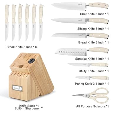Kuisine Chef Knife Set,High Carbon Stainless Steel Sharp Knife Set Ergonomic Handle,Kitchen Knife Block Set with Built-in Sharpener(Ivory Pro,15PCS) - Image 2