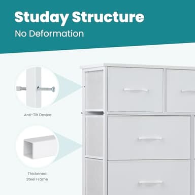 OLIXIS Dresser for Bedroom, 9 Storage Drawers, Wide Fabric Closet Chests Organizer Tower Furniture, TV Stand with Wooden Top Metal Frame for Clothes, Living Room, Hallway, Entryway, Classic White - Image 7
