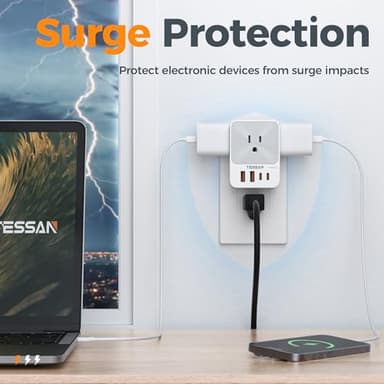 USB C Charger Block 20W PD, TESSAN 4 USB Wall Charger Fast Charging with 3 Outlet Extender Surge Protector, 3 Side Multi Port Adapter, Electric Multiple Outlet Plug for Home Office Dorm Room - Image 5