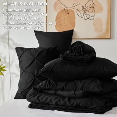 CozyLux Full Size Comforter Sets Black, 7 Pieces Pintuck Bed in A Bag Black Comforter Full Size, Pinch Pleat Bedding Sets with All Season Comforter, Sheets, Pillowcases & Shams - Image 7