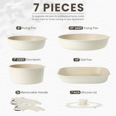 KIKCOIN Pots and Pans Set Non Stick: 7 Pack Ceramic Cookware Set with Detachable Handle, Healthy Non Toxic Kitchen Cooking Pots with Frying Pans, Grill Pan - Image 2