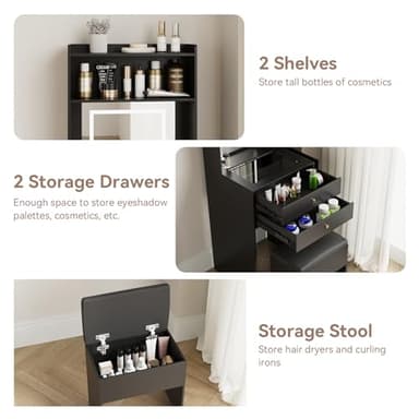 ARTETHYS Small Vanity Desk Set with 3 Adjustable Lighted Mirror and Storage Chair Mini Black Makeup Vanities Set for Bedroom Compact Make up Dressing Table with Fold-up Panel for Tiny Space - Image 7