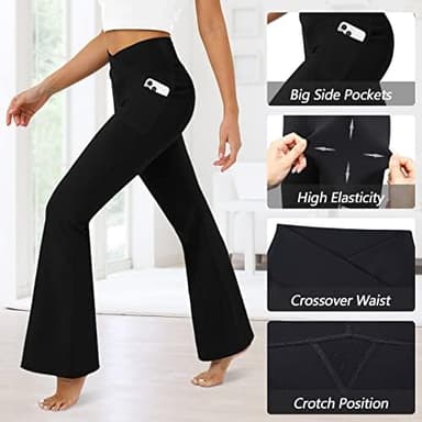 DLOODA Women's Flare Leggings with Pockets-Crossover High Waisted Bootcut Yoga Pants-Tummy Control Bell Bottom Leggings Black - Image 6