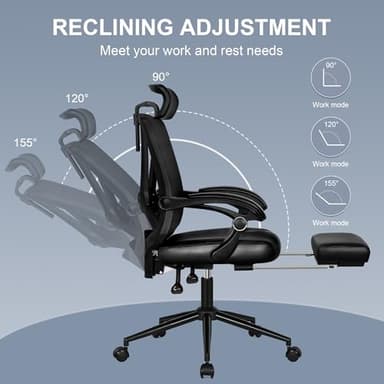 Misolant Ergonomic Office Chair with Footrest, Ergonomic Desk Chair with Adjustable 2D Lumbar Support, High Back Computer Chair with Adjustable Headrest, Comfortable Leather Office Chairs -Black - Image 4