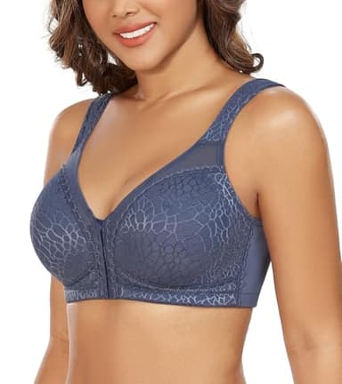 DotVol Women's Full Figure Front Closure Wirefree Jacquard Back Support Posture Bra(Grey Blue,42DD) - Image 4