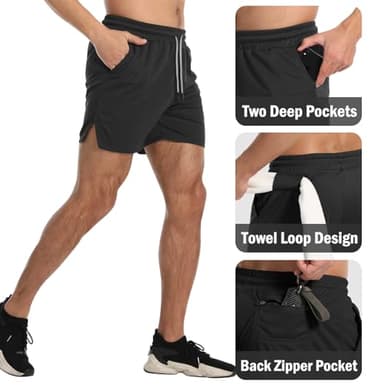 Aolesy Men's Gym Workout Shorts 5 Inch Lightweight Bodybuilding Athletic Shorts Running Training with Zipper Pockets & Towel Loop Black - Image 4