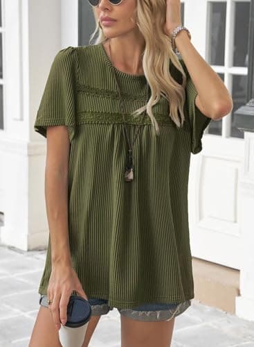 Falechay Plus Size Tops for Women Peasant Keyhole Button with Elastic Loop Dressy Casual Crewneck Flowy Blouses Striped Summer Boho Shirts Green XXL - Image 2