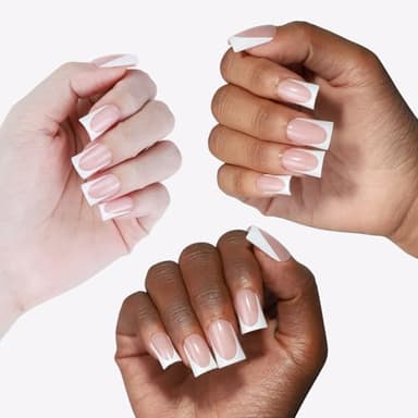 Anyos 16 Sizes French Tip Short Duck Press on Nails,Soft Gel Fake Nails Glossy 32pcs with Nail Glue (Classic French) - Image 2