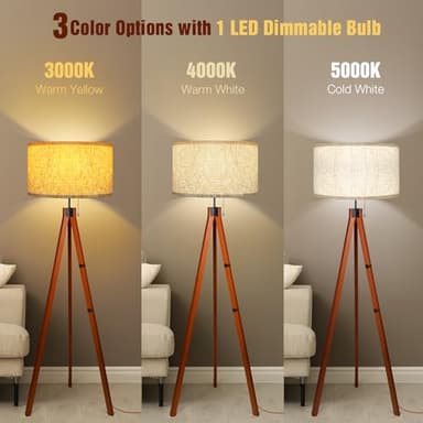 Isloys Wood Tripod Floor Lamp, 3 Color Temperatures Mid Century Modern Boho Floor Lamp, Tall Standing Lamps for Living Room Bedroom Office, Flaxen Lamp Shade with E26 Lamp Base - Image 3
