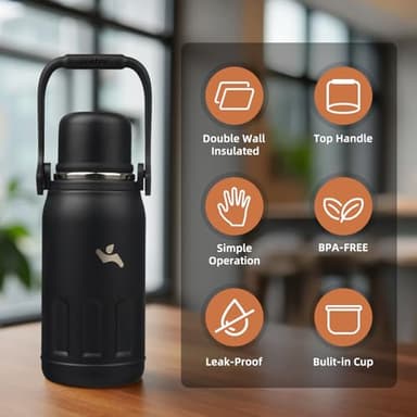 Insulated Water Bottle with Handle and Strap,Vacuum Travel Tumbler with Cup Lid,Thermo Coffee Cup for Hot Cold Drinks 27 OZ,Black - Image 3