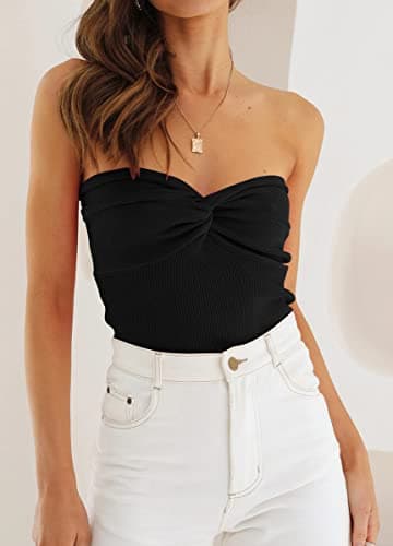 EFAN Womens Tube Tops Summer Sweater Twist Knot Front Knit Bandeau Strapless Ribbed Sleeveless Y2K Corset Crop Top Black M - Image 2