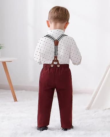 DISAUR Toddler Boy Wedding Outfits Short Sleeve White Flower Dress Shirt Bow Tie Suspender Christmas Red Plaid Pants Baptism Outfits For Boys 12 Months 1t 18 Months - Image 4