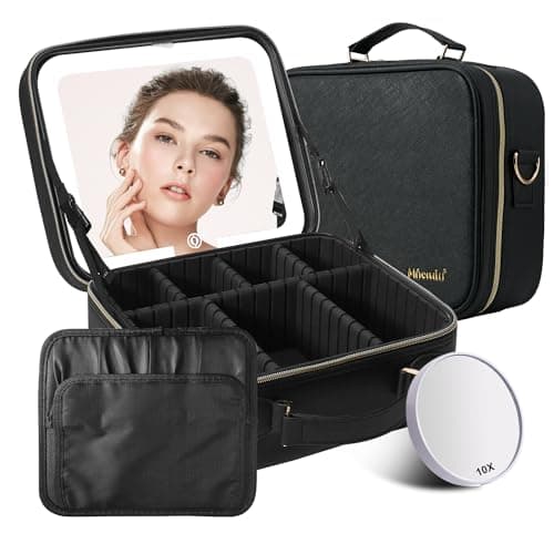 Mocado Travel Makeup Bag with LED Lighted Mirror,Travel Makeup Organizer,Makeup Case with 3 Color Lighted Setting and 10x Magnifying Mirror,Portable Storage and Adjustable Dividers Makeup Box(Black) - Image 1