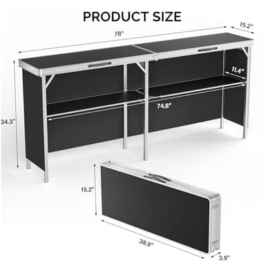 VINGLI 78" Portable Bar Table, 2-Tier Shelves, Mobile Bar Table for Events, Party, Camping, Picnic, Tradeshow, Indoor with Black Skirt (1, 78") - Image 3