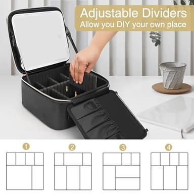 Relavel Travel Makeup Bag With LED Mirror, Cosmetic Train Case with Light up Mirror, Portable Makeup Artist Organizer Bag with Adjustable Dividers, Makeup Brush Holder Storage, Black - Image 7
