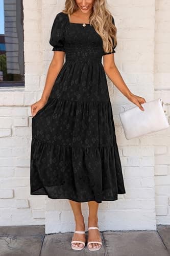 PRETTYGARDEN Women's 2025 Summer Casual Midi Dresses Square Neck Short Sleeve Smocked A Line Floral Flowy Elegant Boho Dress (Black,X-Large) - Image 3