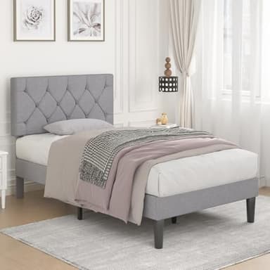 VECELO Twin Bed Frame with Button Tufted Headboard, Upholstered Platform with Wooden Slat Support, No Box Spring Needed, Grey - Image 3