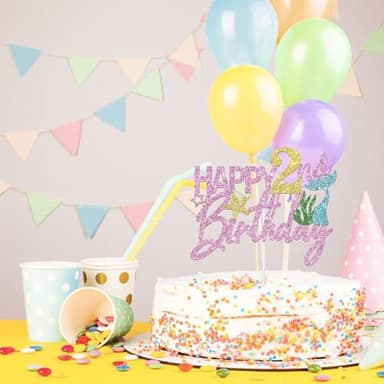 YHEZXUN Mermaid Happy 2nd Birthday Cake Topper, Pink Glitter Mermaid Two Cake Decoration Ocean Theme for Girl 2 Years Old Birthday Party Cake Decor - Image 2