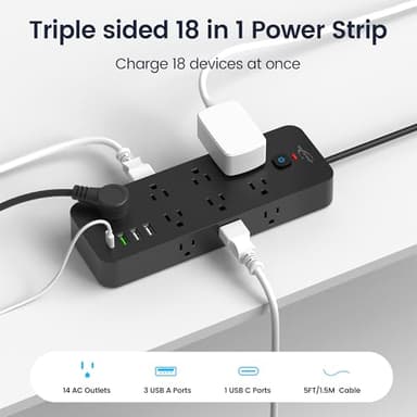 Surge Protector Power Strip with USB Ports, 14 AC Outlets with 4 USB Ports (1 USB C), 5 Feet Cord with Multiple outlets, 1875W/15A, One Touch Switch Button, Wall Mountable for Home, Office-Black - Image 2