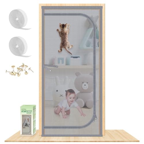 Reinforced Cat Screen Door, Fits Door Size 34''x 80'' Heavy Duty Pets Proof Screen Door with Bilateral Zipper, Prevent Dogs Cats Running Out from Home, Bedroom,Living Room, Kitchen - Image 1
