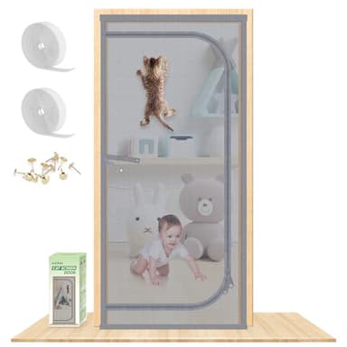 Reinforced Cat Screen Door, Fits Door Size 34''x 80'' Heavy Duty Pets Proof Screen Door with Bilateral Zipper, Prevent Dogs Cats Running Out from Home, Bedroom,Living Room, Kitchen - Image 1