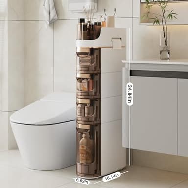 VECELO 4-Tier Slim Bathroom Storage Cabinet with Wheels, Skinny Bathroom Storage Cabinet with Drawers, Toilet Paper Holder, Movable Narrow Floor Cabinet for Small Space, Bathroom - Image 2