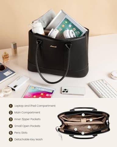 LOVEVOOK Laptop Tote Bag for Women, Pebbled Vegan Leather 15.6" Large Capacity Laptop Bag for Women, Waterproof Plus Room for Laptop & 4x Tumblers, for Office & Gift, Black - Image 7