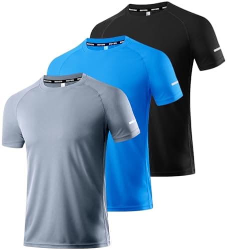 3 Packs Workout Shirts for Men - Activewear Tops Gym Shirts Dry Fit Mesh Moisture Wicking Running Fitness Short Sleeve Crewneck Sports Athletic T-Shirt Tops Black/Gray/Blue-3P02-M - Image 1