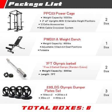RitFit Multi-Function Garage & Home Gym Package Includes 1000LBS Power Cage PPC03 with Cable Crossover System, Weight Bench, Olympic Barbell Weight Set, Full Body Workout-BLK,Rubber Plate 230lbs - Image 2
